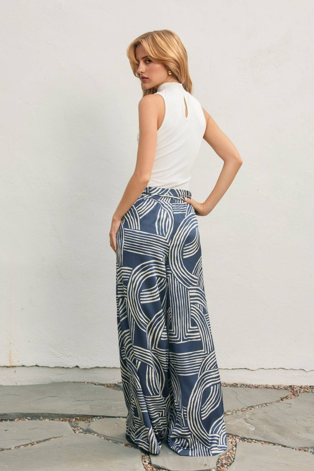 Abstract Satin Tie-Waist Pants