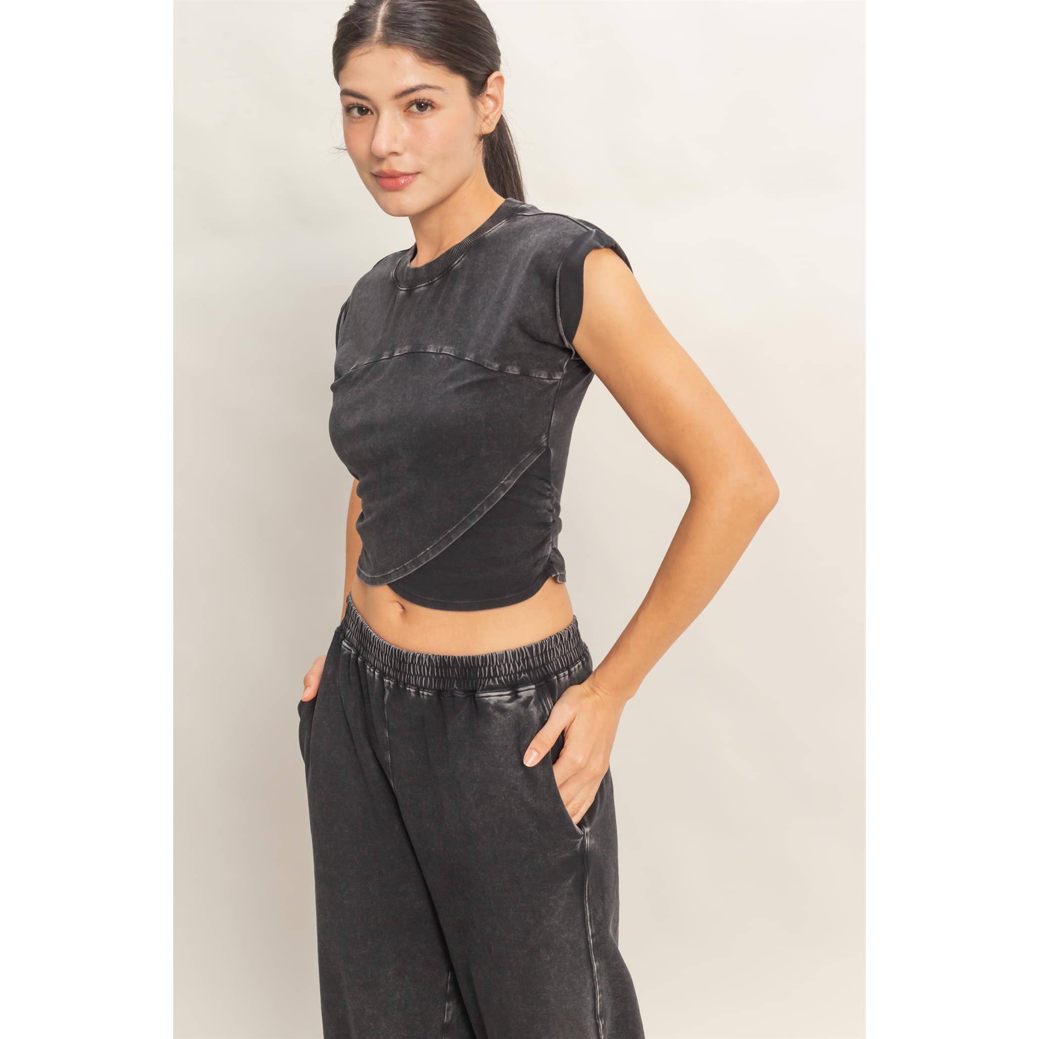 Rolled Sleeve Wrap-Front Top And Jogger Set