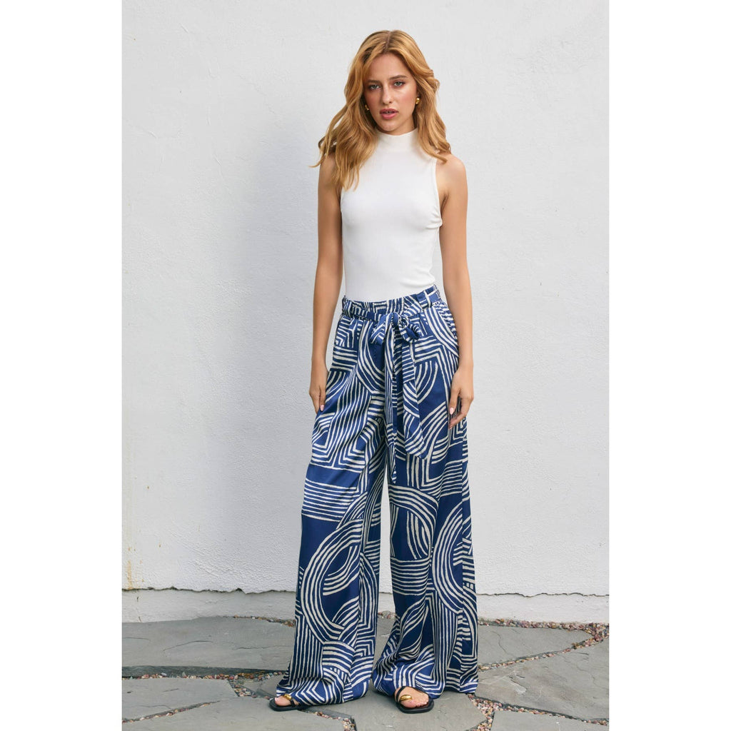 Abstract Satin Tie-Waist Pants