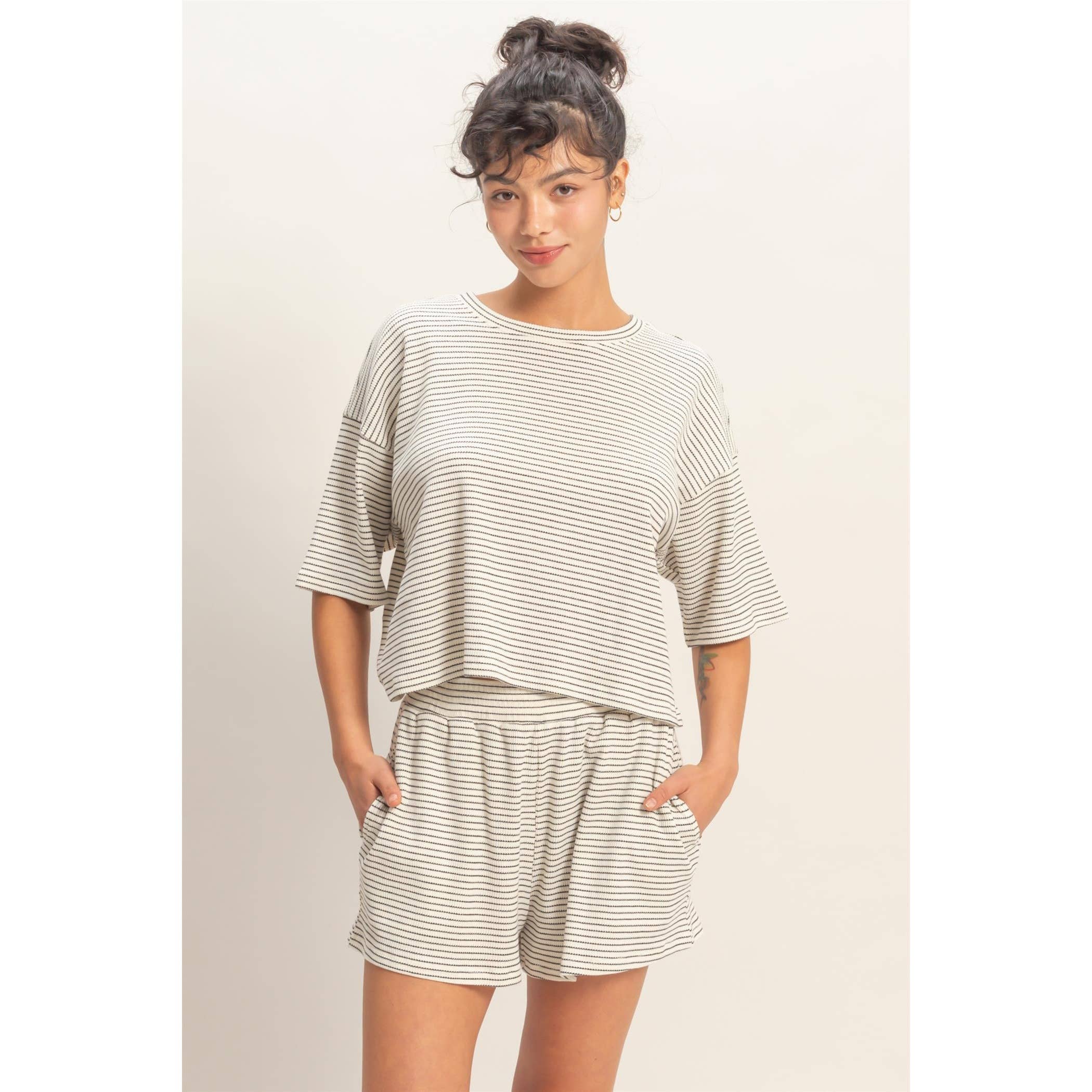 Striped Round Neck Top & Shorts Set