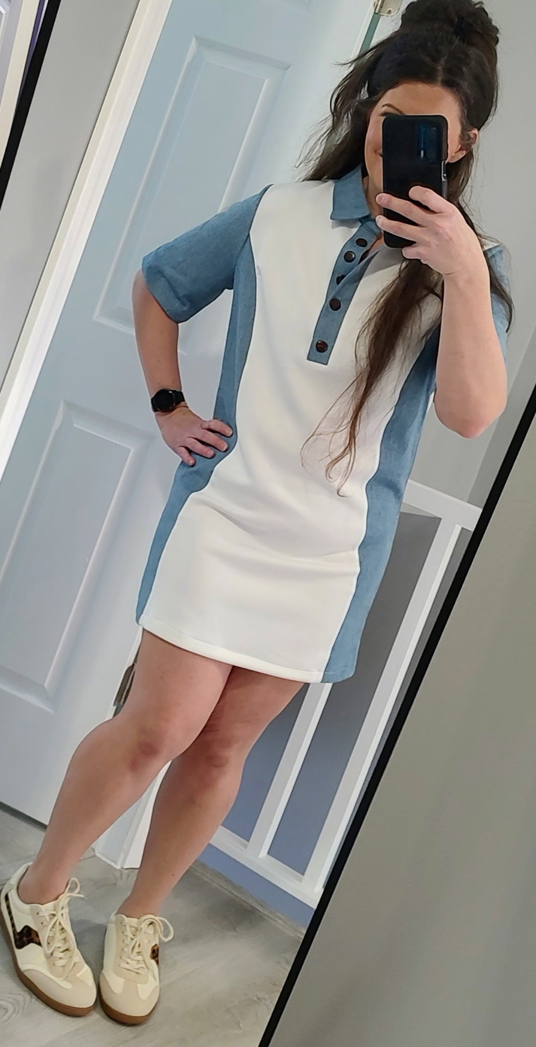 Delilah Denim Patchwork Half Button Shirt dress