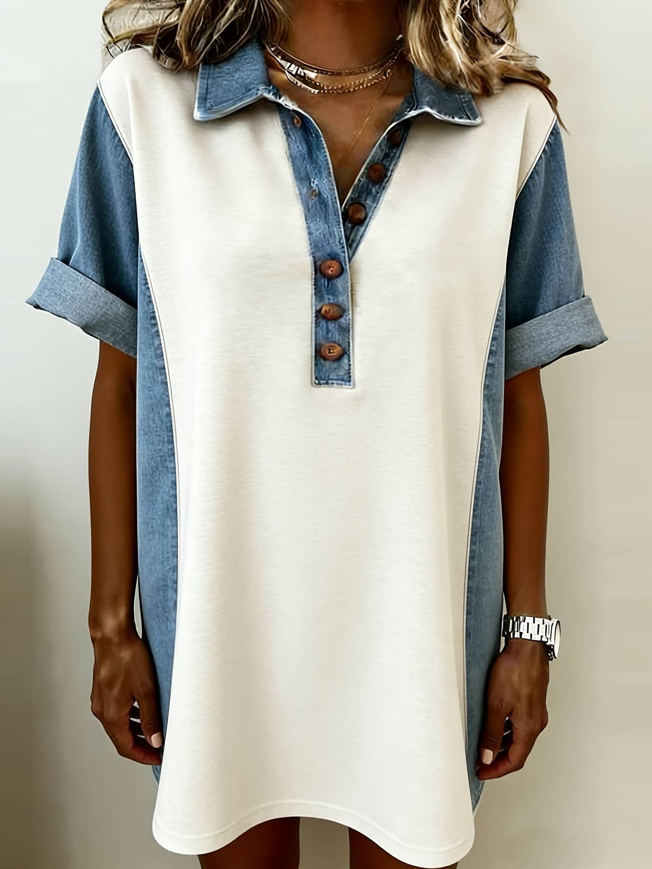 Delilah Denim Patchwork Half Button Shirt dress