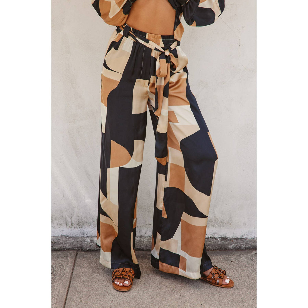 Abstract Print Tie-Waist Wide Leg Pants