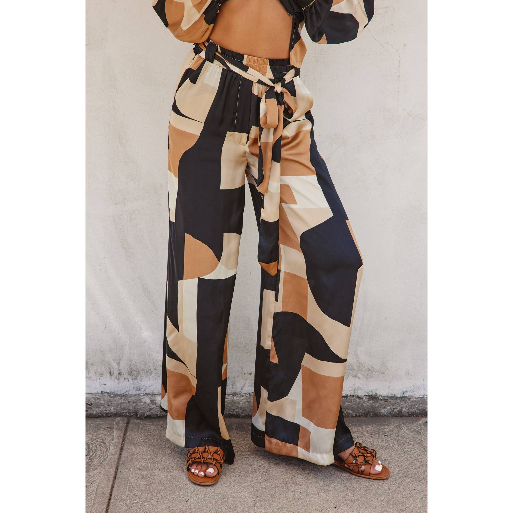 Abstract Print Tie-Waist Wide Leg Pants