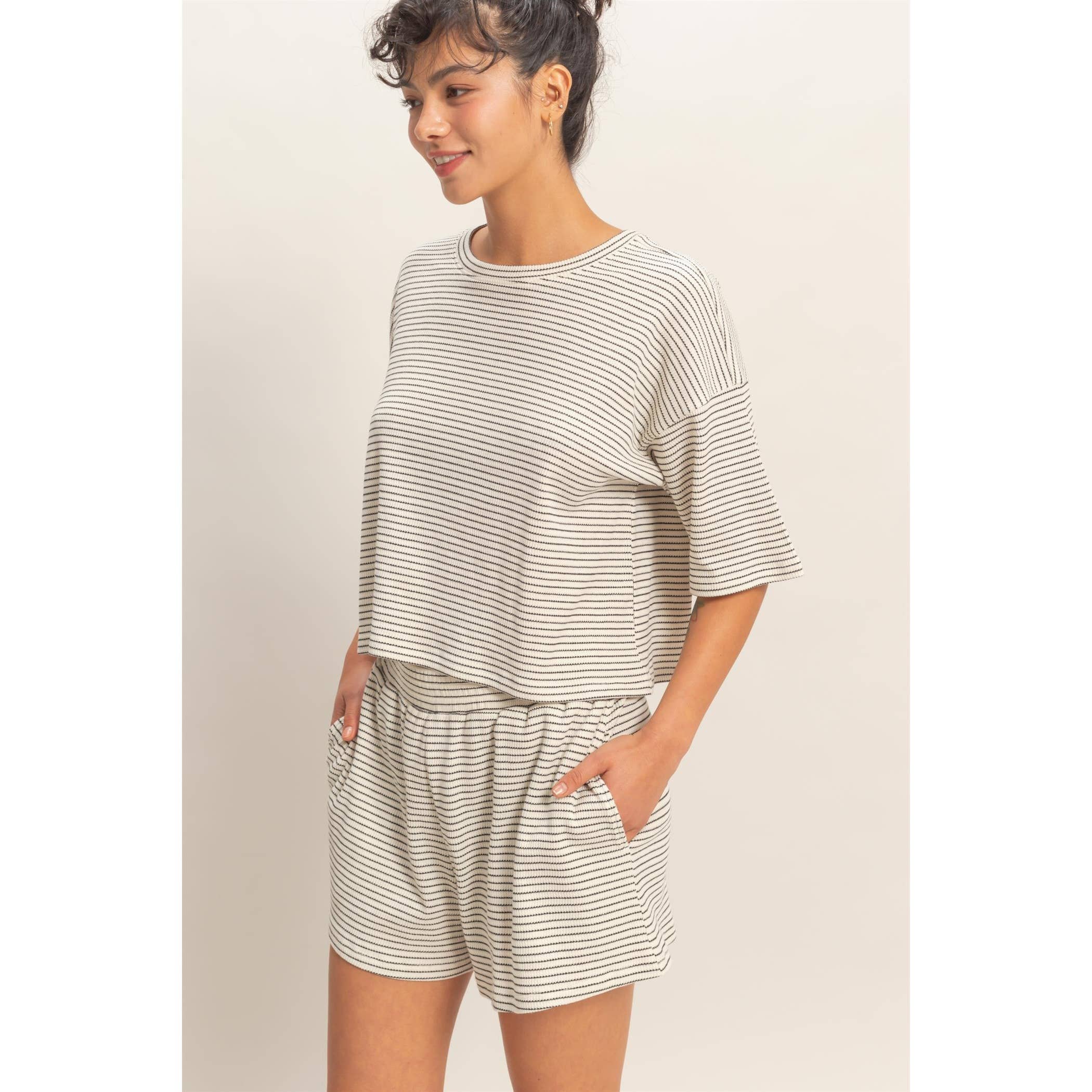 Striped Round Neck Top & Shorts Set