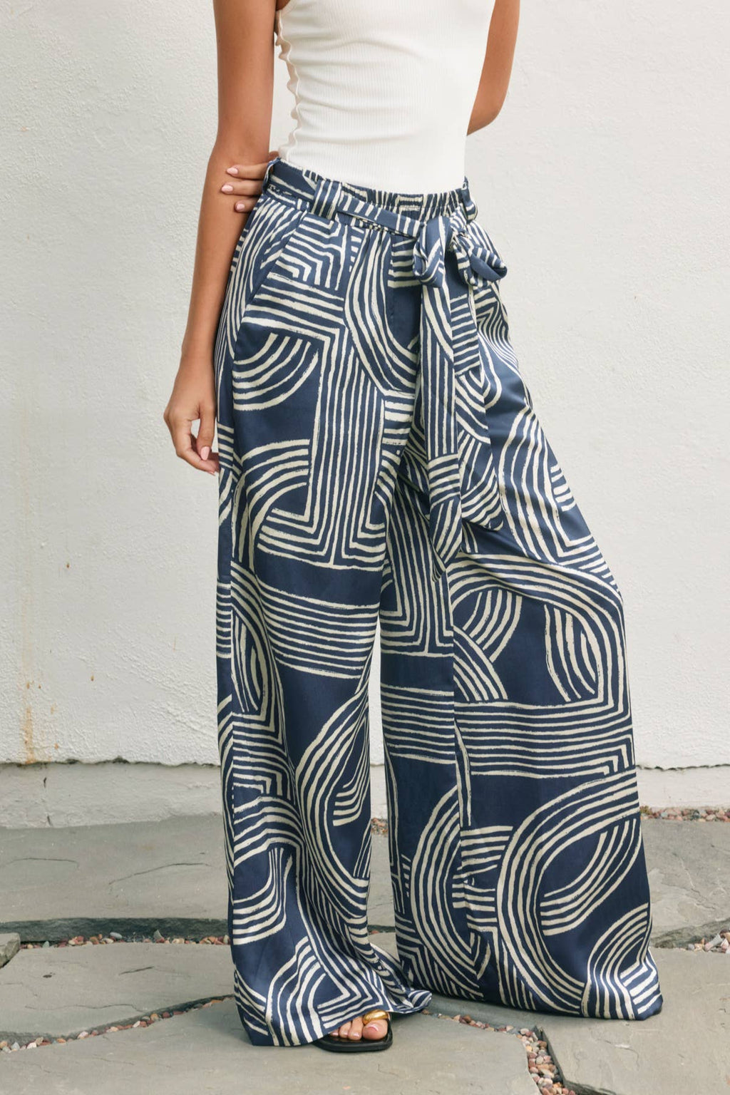 Abstract Satin Tie-Waist Pants