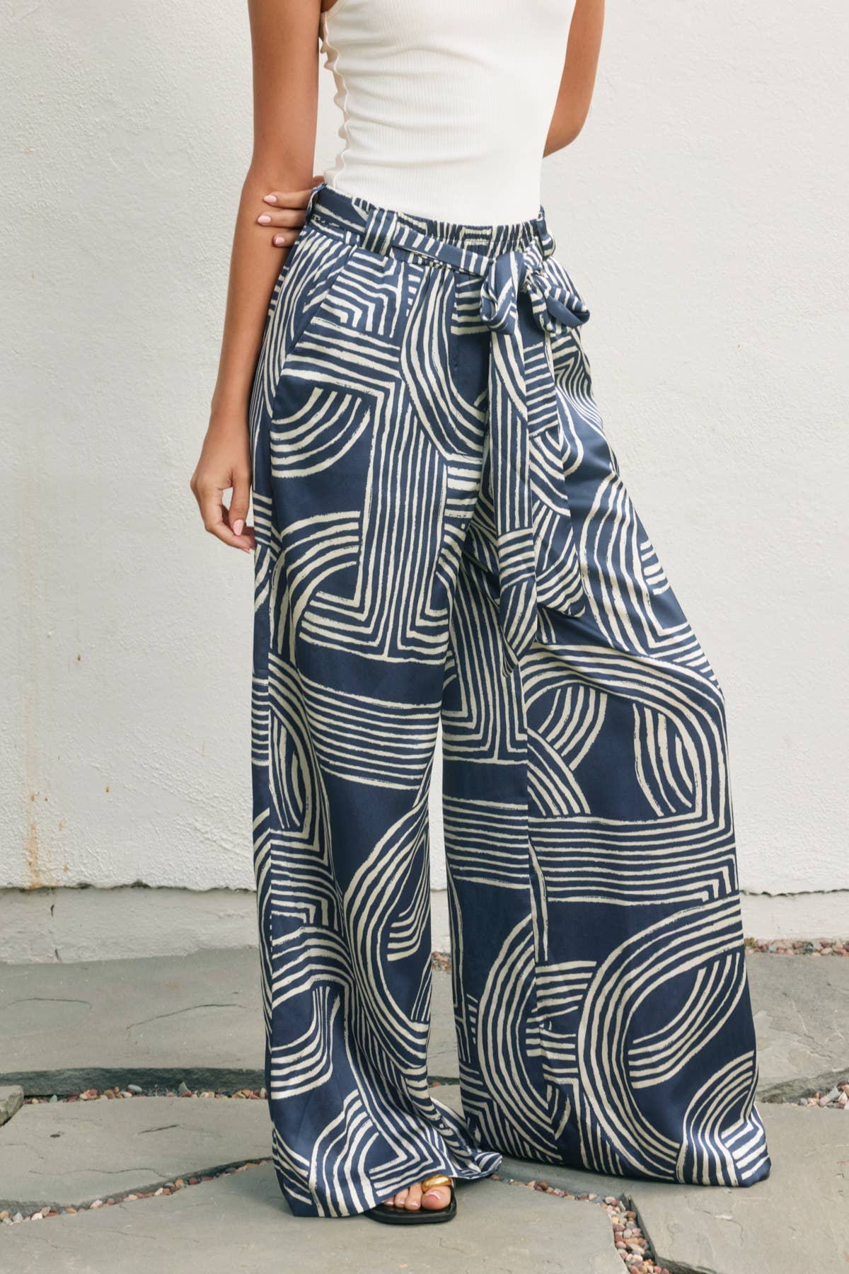 Abstract Satin Tie-Waist Pants