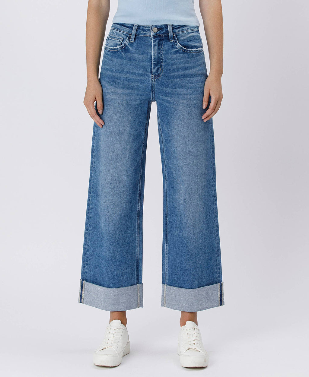 SUPER HIGH RISE DOUBLE CUFFED BAGGY WIDE JEANS