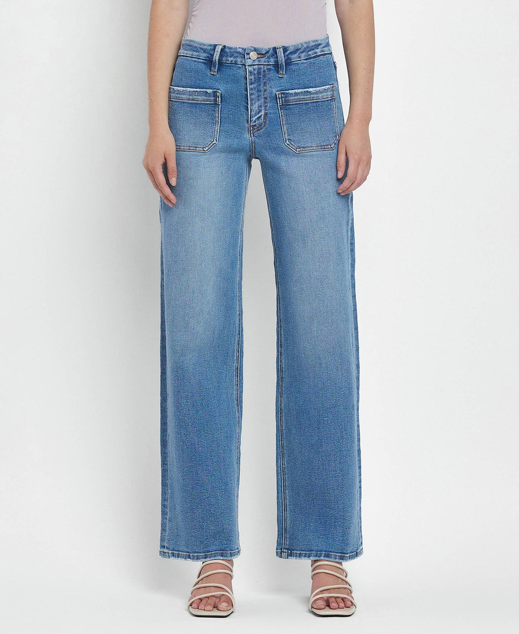 HIGH RISE PATCH POCKET WIDE LEG JEANS