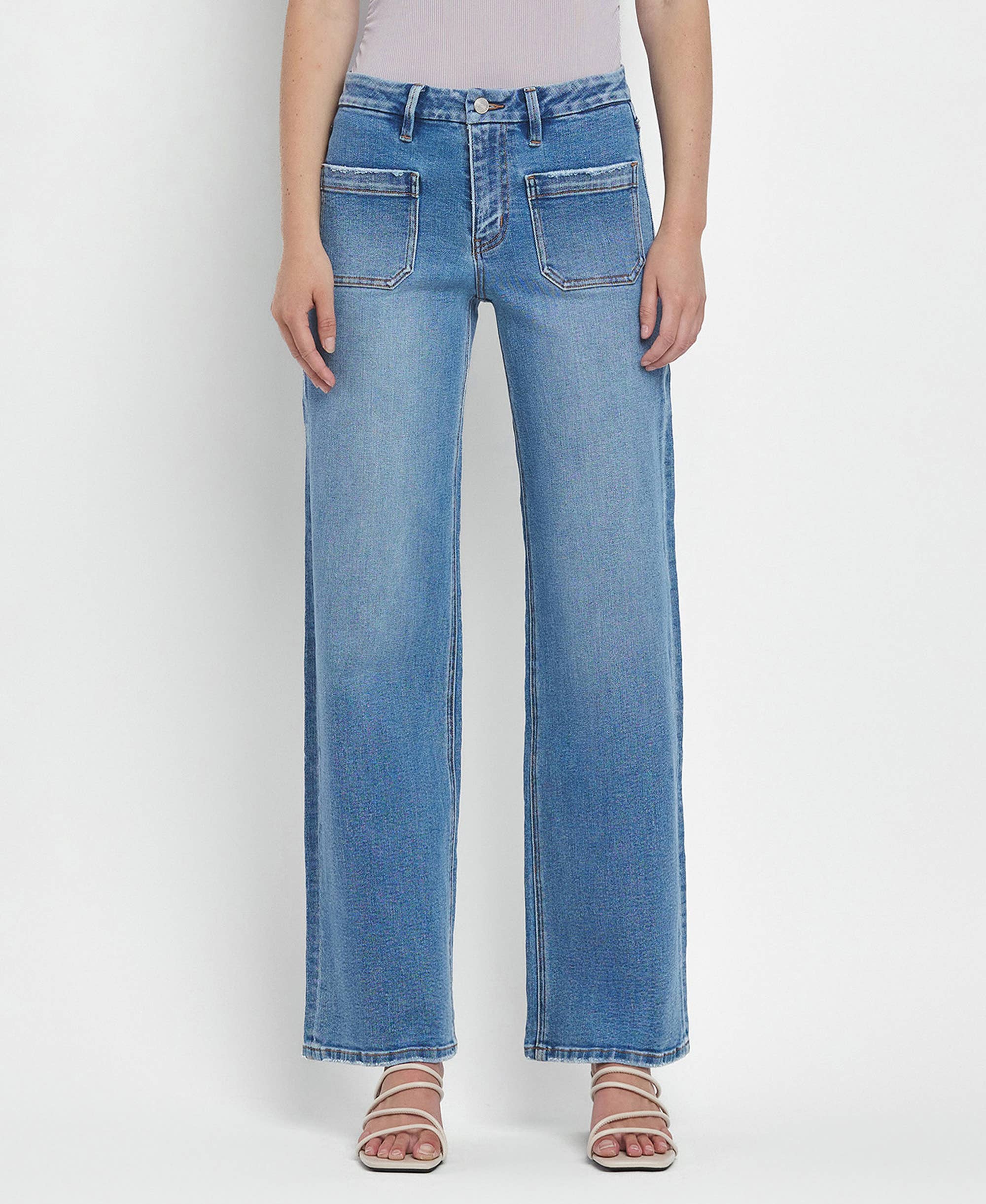 HIGH RISE PATCH POCKET WIDE LEG JEANS