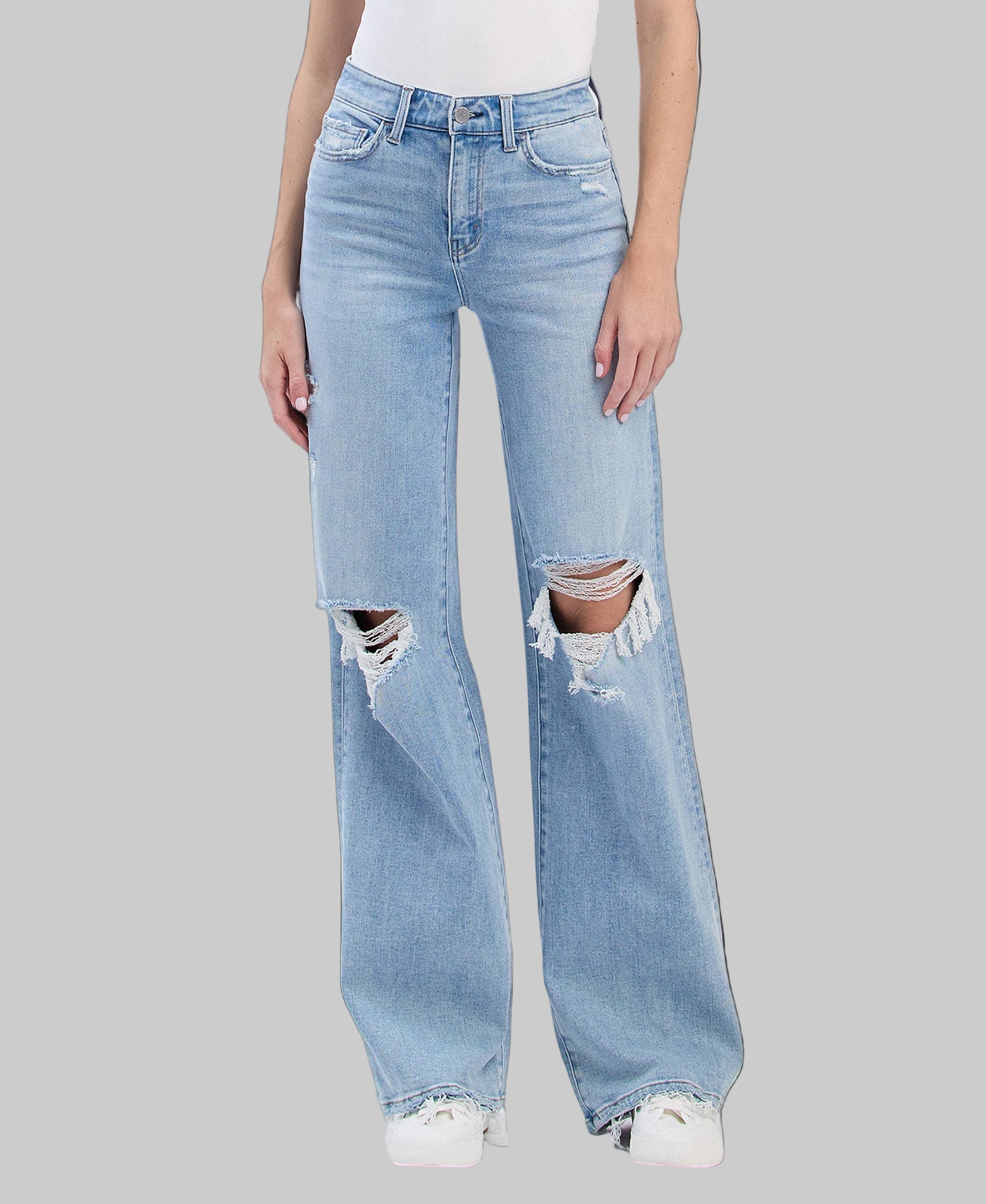 HIGH RISE DISTRESSED WIDE LEG JEANS